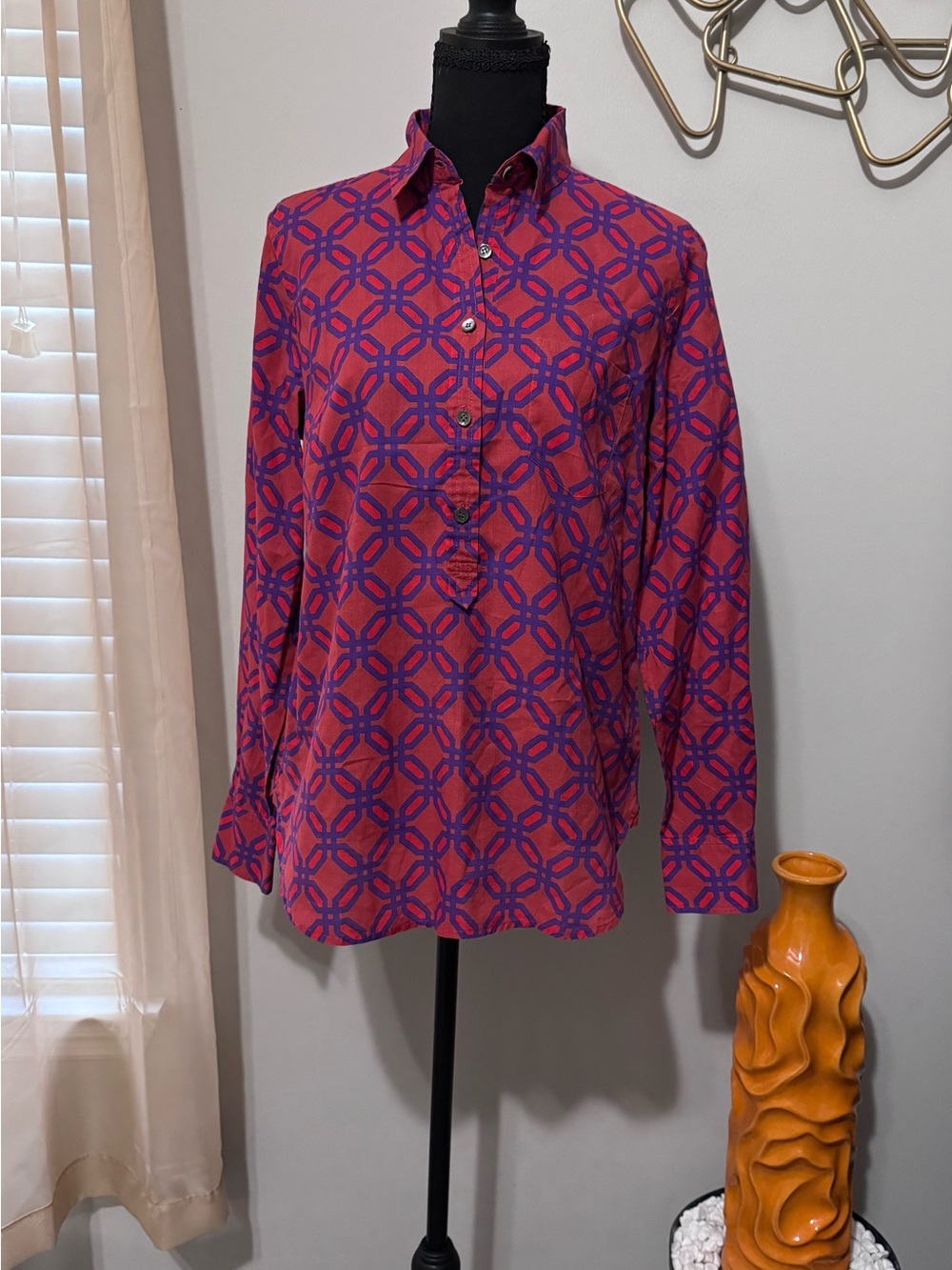 J. Crew Women’s Long-Sleeve Geometric Button-Down in Rust, Red and Purple